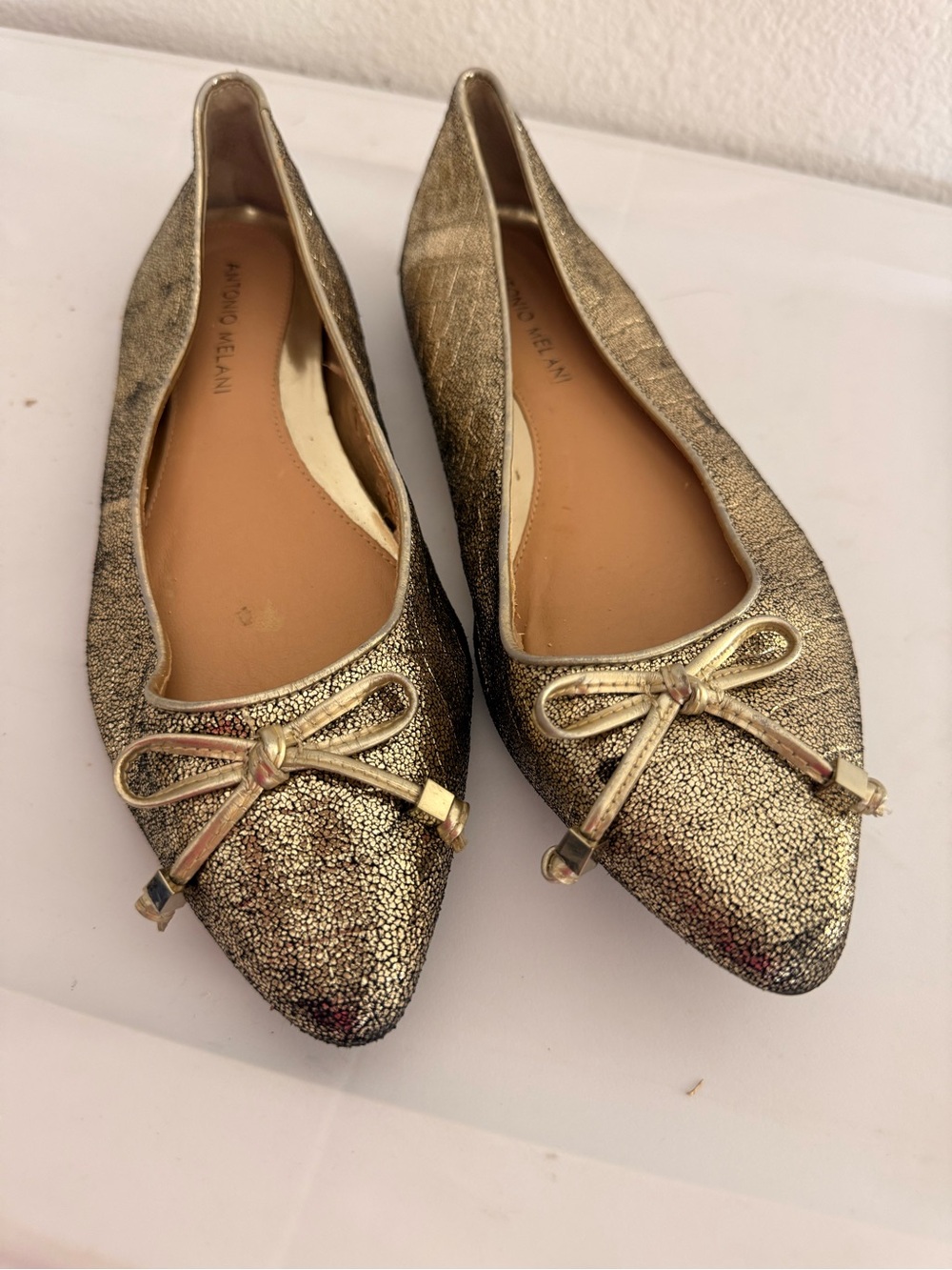 Antonio Melanie Metallic Gold Pointed Ballet Flats with Bow